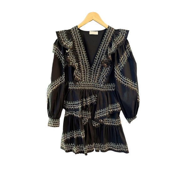 ULLA JOHNSON Anais Mini Dress Ruffle Embroidered V-Neck Black Noir Cotton 2 NWT - Picture 14 of 15